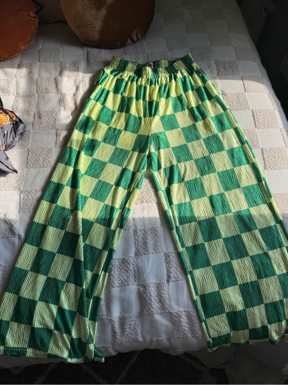 Green and Lime Checkered Wide-Leg Pants
